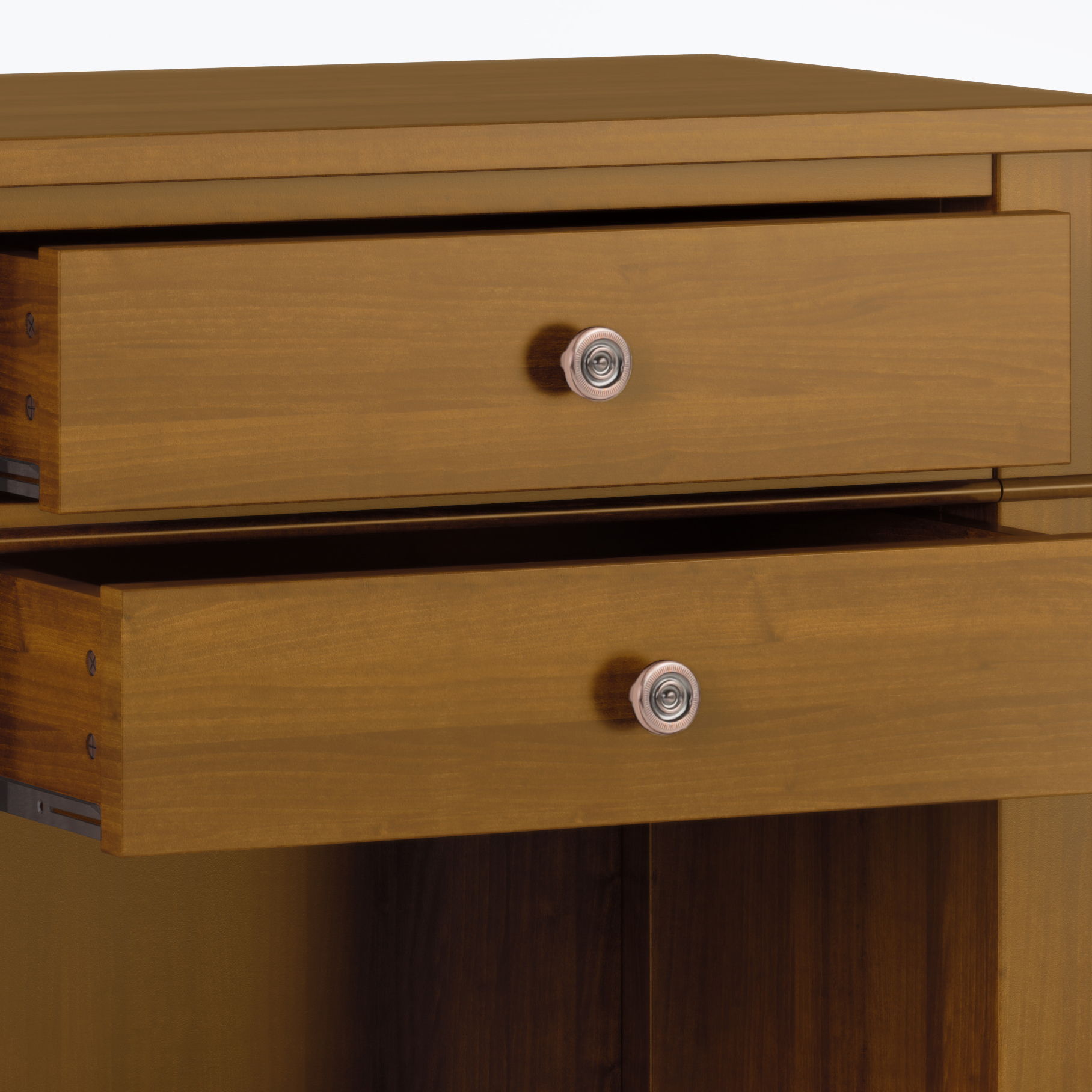 Close-up of the Carlton Handcrafted Bedside Table, showing two partially open drawers with round silver knobs and a warm medium-brown wood finish.