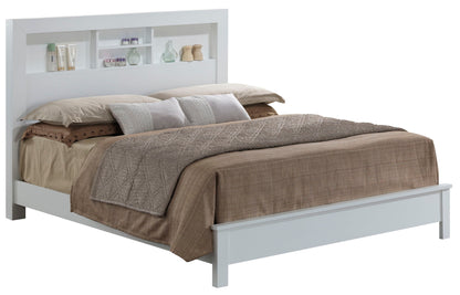 The Bed With Transitional Design Stylish features a white wooden frame with a headboard that has open shelves, neatly made with beige and taupe bedding, throw pillows, and decorative items displayed on the shelves.