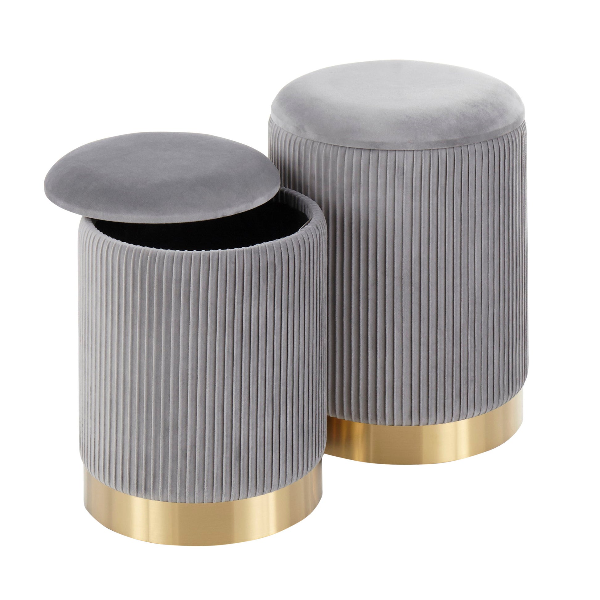 The Marla Contemporary Nesting Pleated Ottoman Set includes two round, light gray velvet ottomans with gold bases. One has a removable lid for storage. Both feature a vertically pleated design.