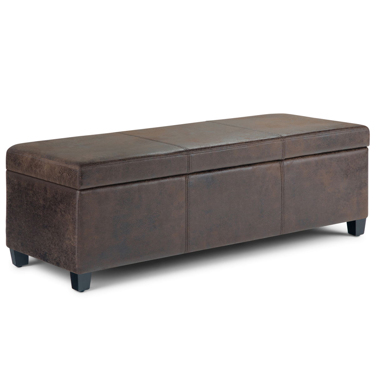 The Avalon Storage Ottoman Bench in distressed brown features a rectangular leather design with short black legs and a padded, hinged lid for storage.