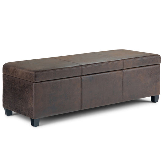 The Avalon Storage Ottoman Bench in distressed brown features a rectangular leather design with short black legs and a padded, hinged lid for storage.