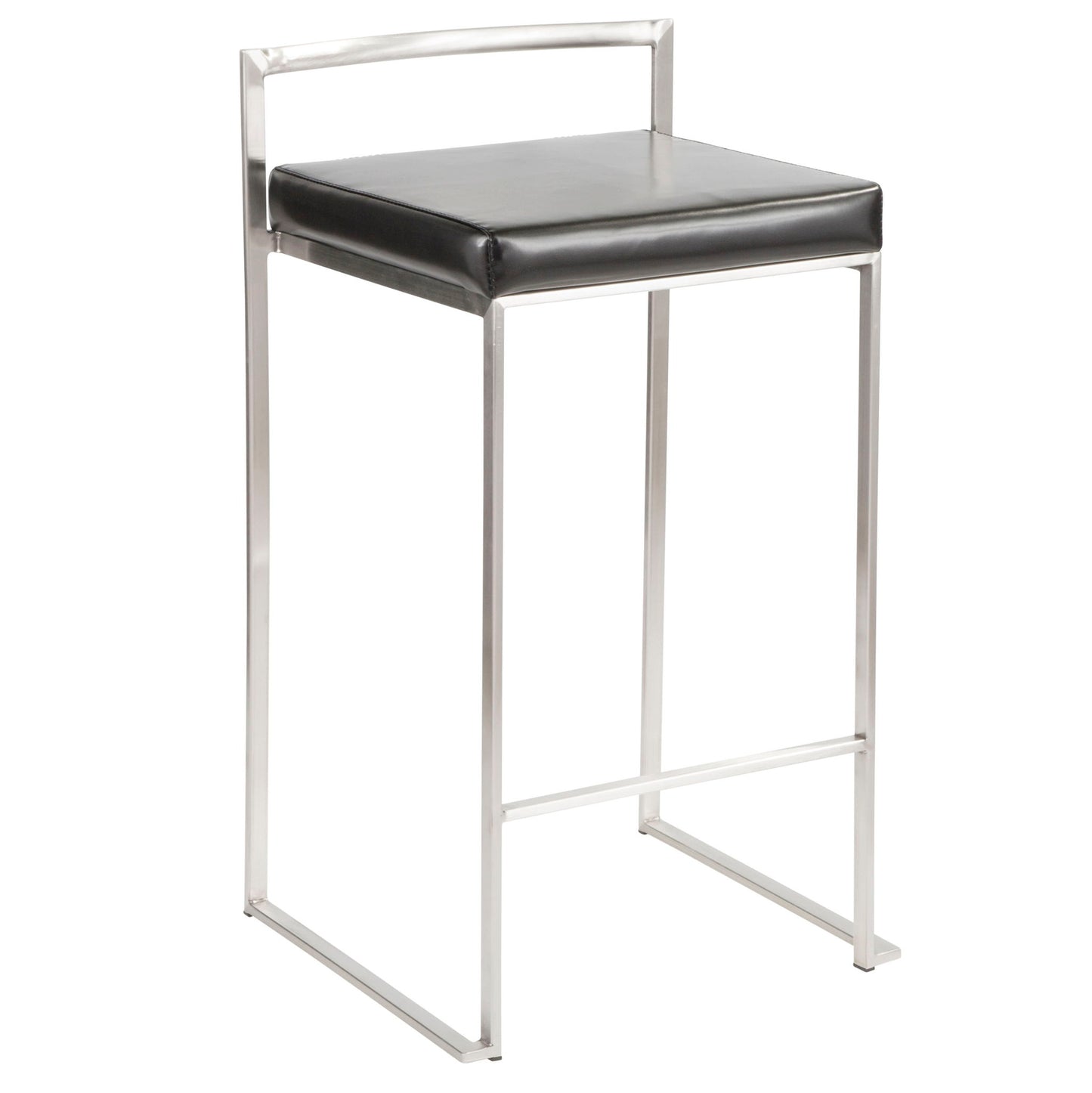 The Fuji Counter Stool set features a contemporary, stackable design with a minimalist metal frame, square black cushioned seat, and a sleek horizontal backrest bar.