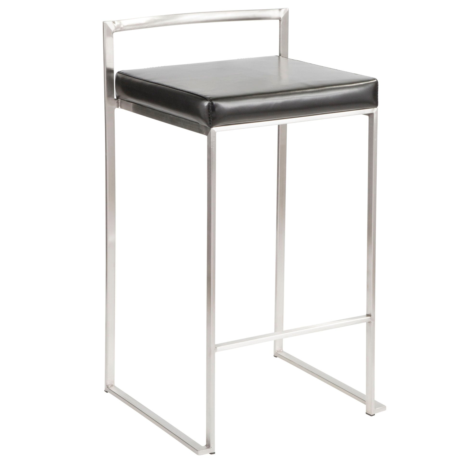 The Fuji Counter Stool set features a contemporary, stackable design with a minimalist metal frame, square black cushioned seat, and a sleek horizontal backrest bar.
