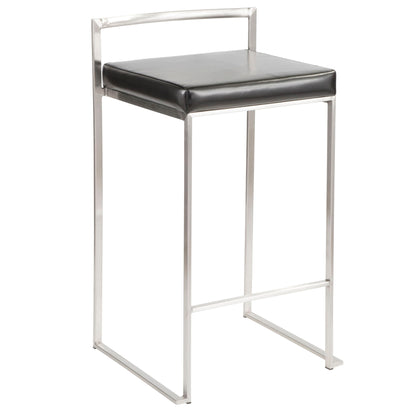 The Fuji Counter Stool set features a contemporary, stackable design with a minimalist metal frame, square black cushioned seat, and a sleek horizontal backrest bar.