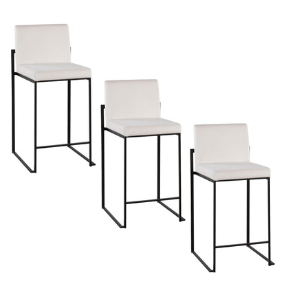 Three Fuji High Back Counter Stools with white cushioned seats and minimalist black metal frames are arranged in a staggered row on a white background.
