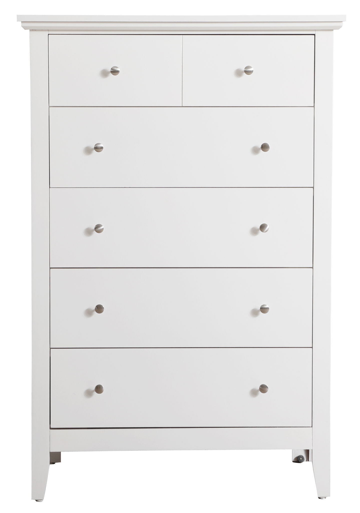 The Hammond Chest is a tall white dresser with six drawers—two smaller ones on top and four larger ones below—each featuring round silver knobs.