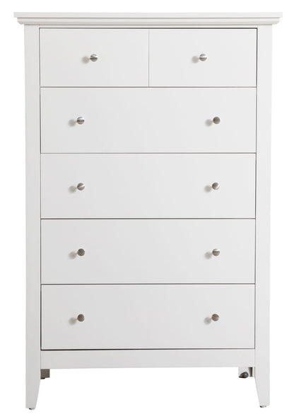 The Hammond Chest is a tall white dresser with six drawers—two smaller ones on top and four larger ones below—each featuring round silver knobs.
