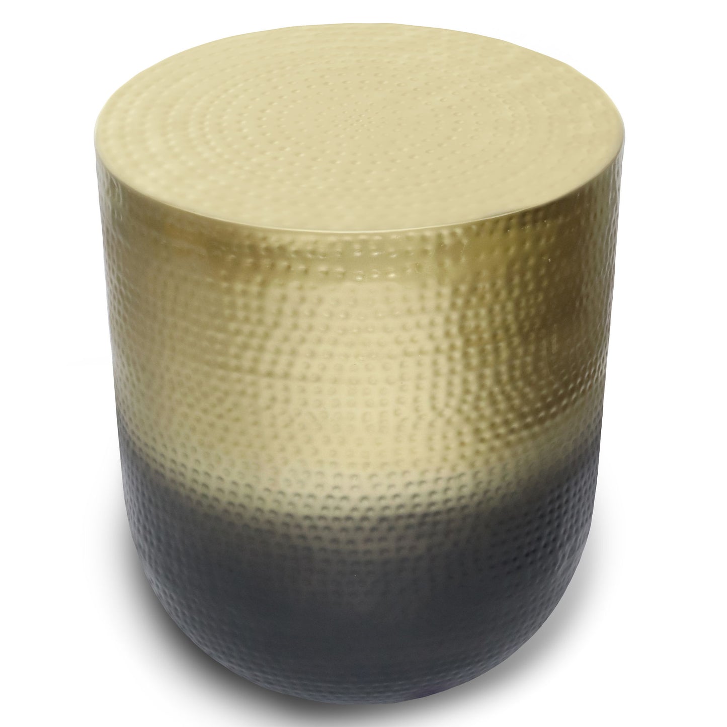 The Nova – Handcrafted Metal Side Table features a round, hammered metal design with an ombre finish that fades from gold at the top to dark gray at the bottom and a modern, glossy surface.