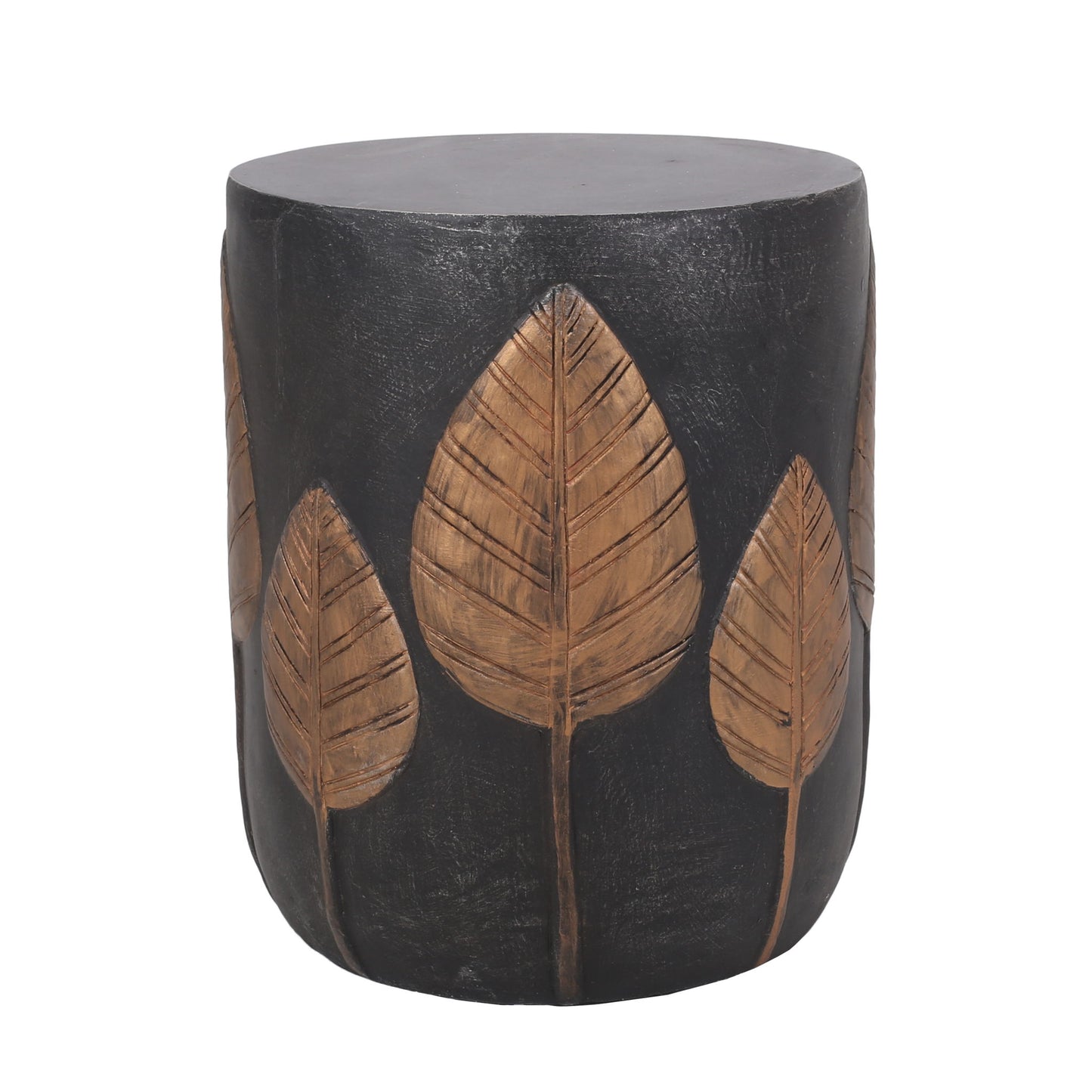 A round, copper-colored outdoor side table made of lightweight concrete with large, detailed golden leaf carvings arranged vertically around its sides.