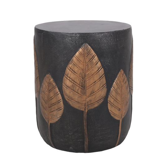 A round, copper-colored outdoor side table made of lightweight concrete with large, detailed golden leaf carvings arranged vertically around its sides.
