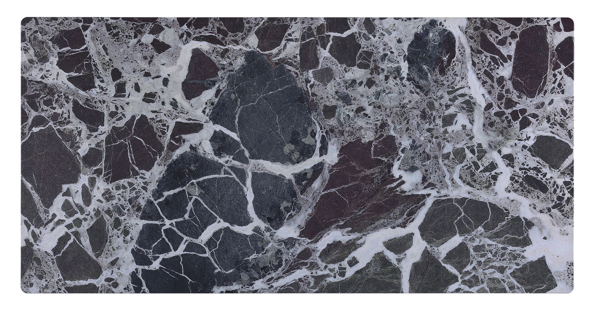 A close-up of the Landon Coffee Table shows its glass marble texture top with large black and burgundy sections featuring white veining. The rounded edges have a thin white border, highlighting its abstract, natural pattern and bent wood design.