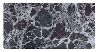 A close-up of the Landon Coffee Table shows its glass marble texture top with large black and burgundy sections featuring white veining. The rounded edges have a thin white border, highlighting its abstract, natural pattern and bent wood design.
