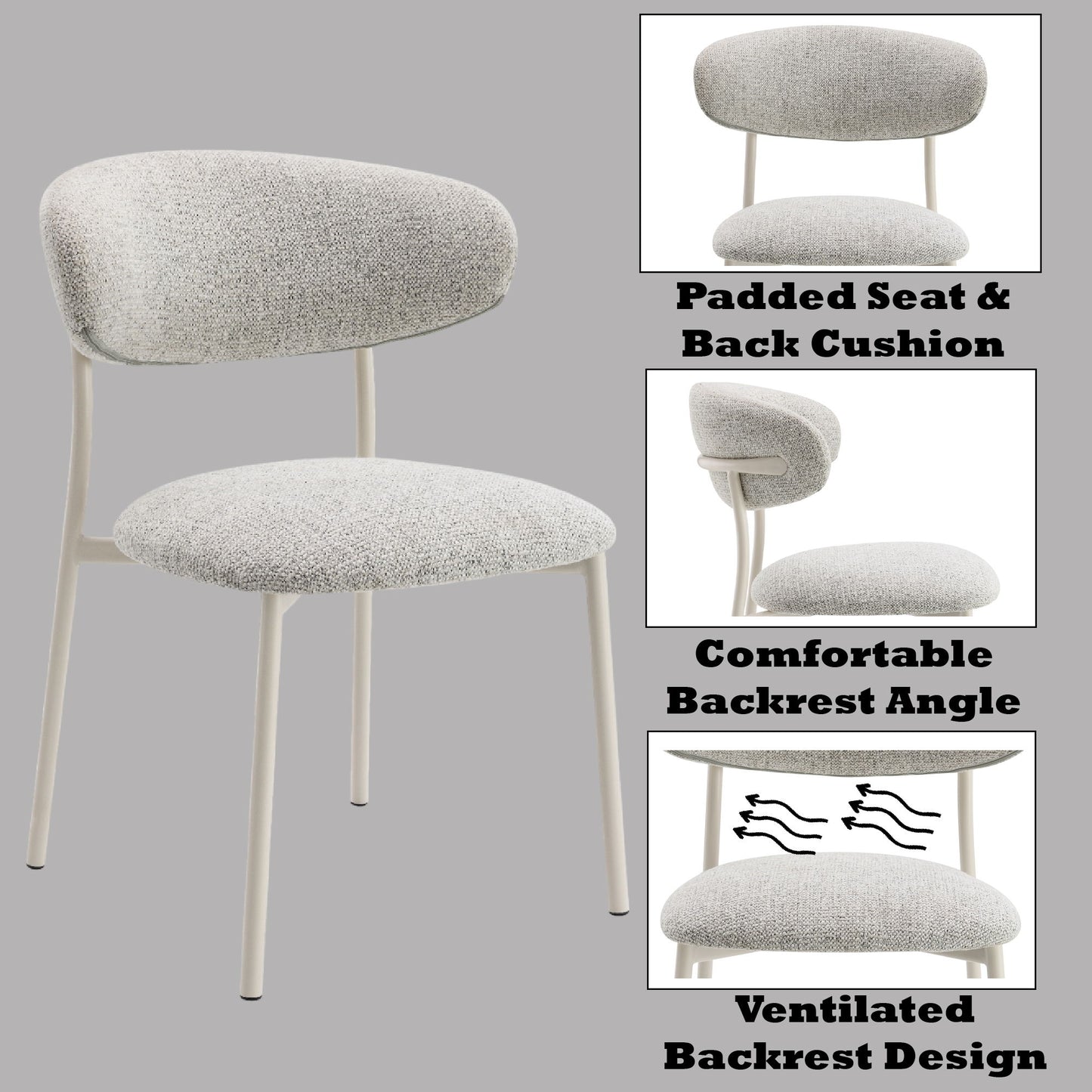 The Kalam - Fabric Side Chair (Set of 2) in light gray features a lightly padded seat and back, slim metal legs, a comfortable angled backrest, and a ventilated design with airflow icons for enhanced comfort.