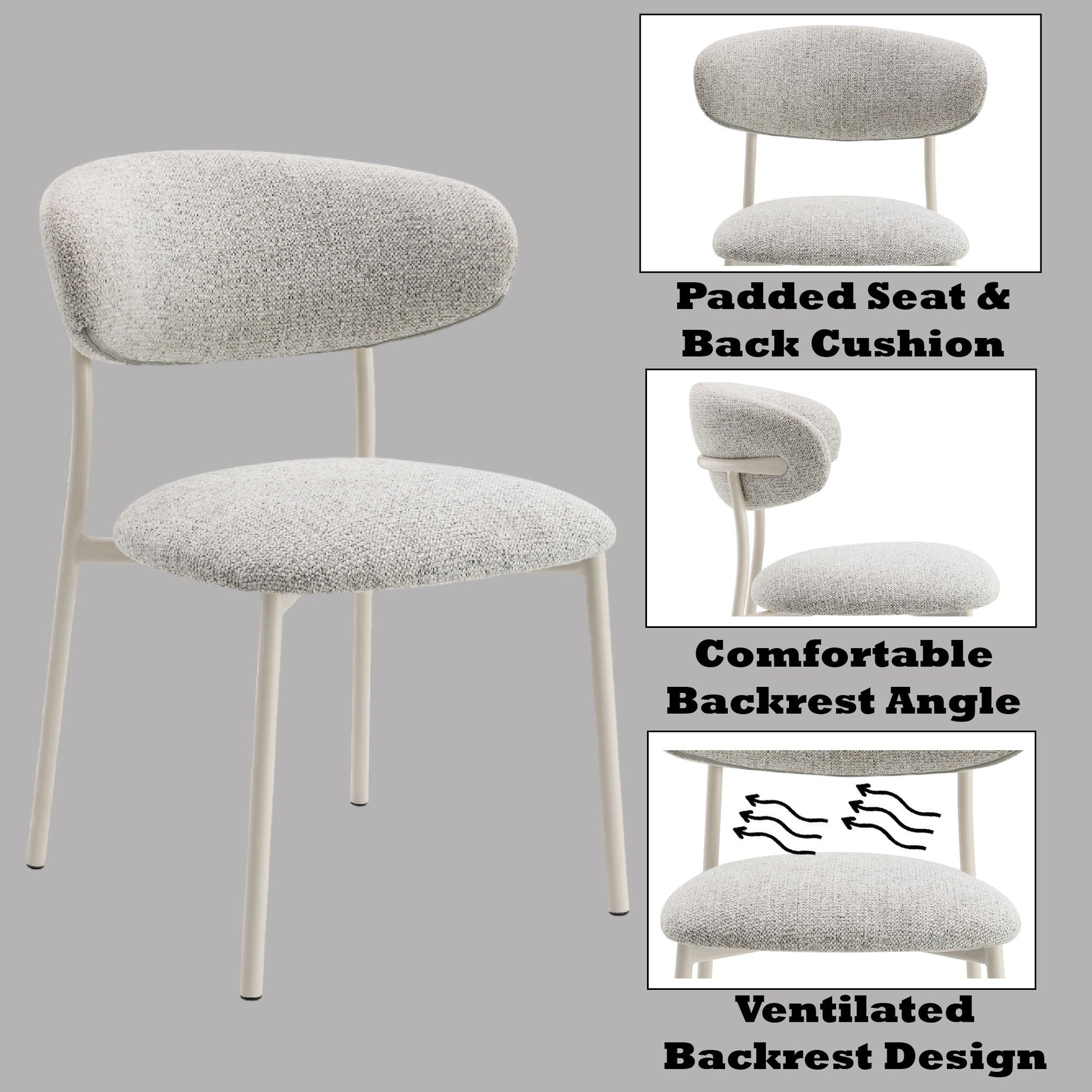 The Kalam - Fabric Side Chair (Set of 2) in light gray features a lightly padded seat and back, slim metal legs, a comfortable angled backrest, and a ventilated design with airflow icons for enhanced comfort.