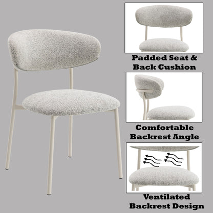 The Kalam - Fabric Side Chair (Set of 2) in light gray features a lightly padded seat and back, slim metal legs, a comfortable angled backrest, and a ventilated design with airflow icons for enhanced comfort.