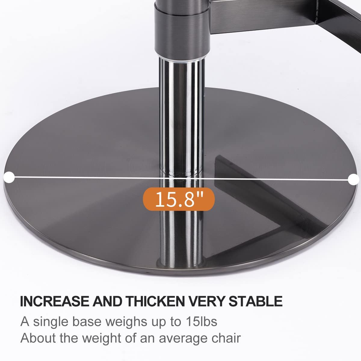 Close-up of the Swivel Bar Stool’s round black titanium stainless steel base (15.8" diameter), weighing up to 15 lbs—about an average chair. Increased thickness ensures greater stability for this faux leather bar chair with backrest and footrest.