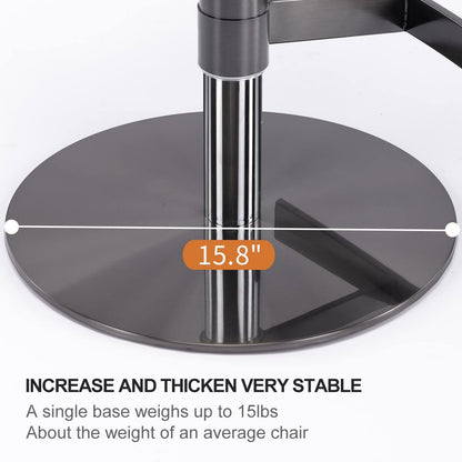 Close-up of the Swivel Bar Stool’s round black titanium stainless steel base (15.8" diameter), weighing up to 15 lbs—about an average chair. Increased thickness ensures greater stability for this faux leather bar chair with backrest and footrest.