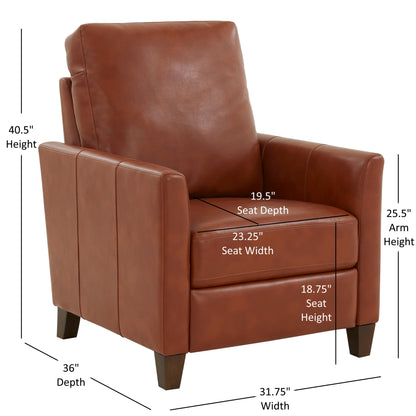 Pablo - Modern Recliner With Manual Recline in brown leather features wooden legs and measures 40.5"H x 36"D x 31.75"W, with a seat depth of 19.5", seat width of 23.25", seat height of 18.75", and arm height of 25.5".