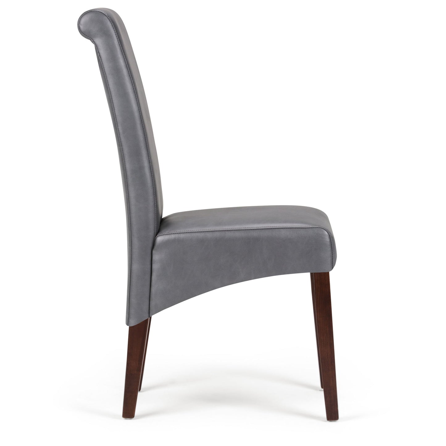 Side view of the Avalon - Deluxe Parson Dining Chair (Set of 2) featuring a high, slightly curved backrest, grey upholstered seat and back, and dark wooden legs, shown against a white background.