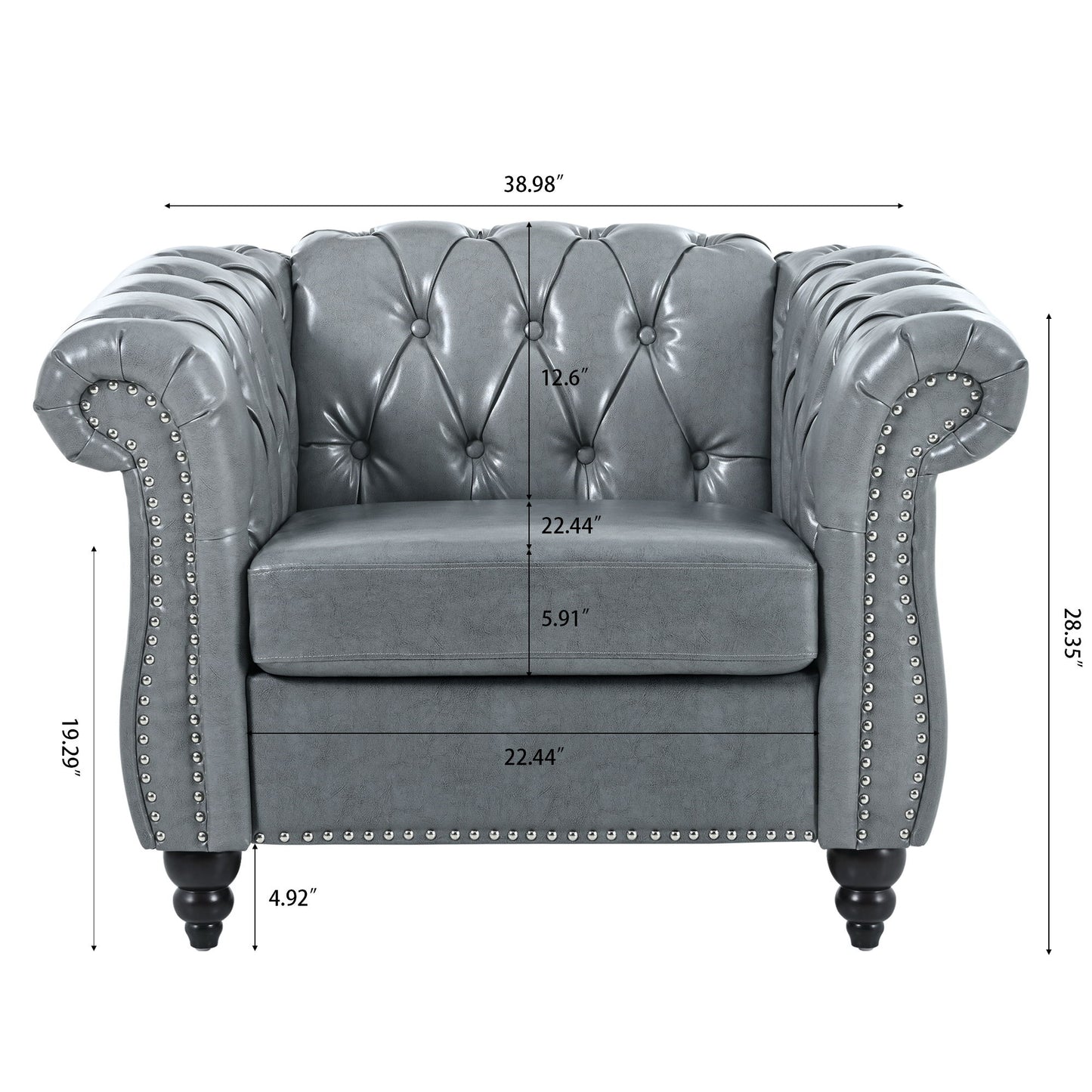 1 Seater Sofa For Living Room: Gray tufted armchair with nailhead trim, rolled arms, wooden legs. Dimensions: 38.98" W x 28.35" H; seat height 19.29", seat width and depth 22.44".