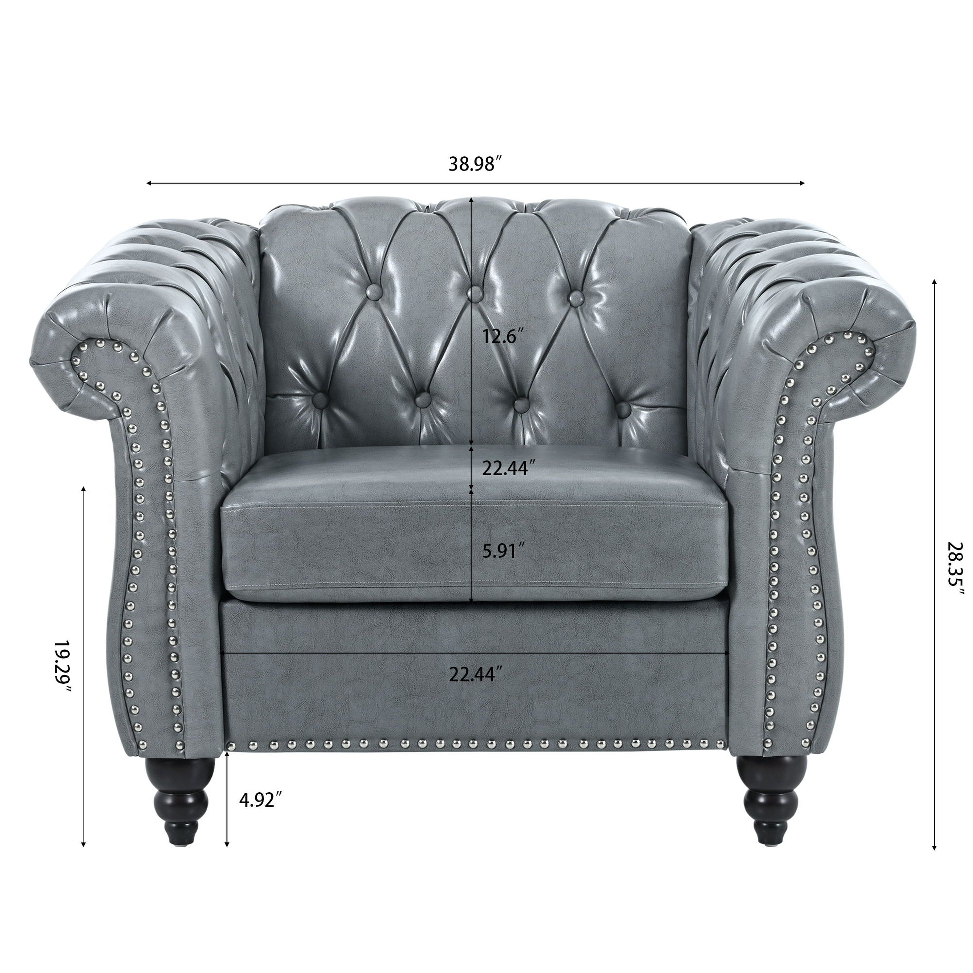 1 Seater Sofa For Living Room: Gray tufted armchair with nailhead trim, rolled arms, wooden legs. Dimensions: 38.98" W x 28.35" H; seat height 19.29", seat width and depth 22.44".