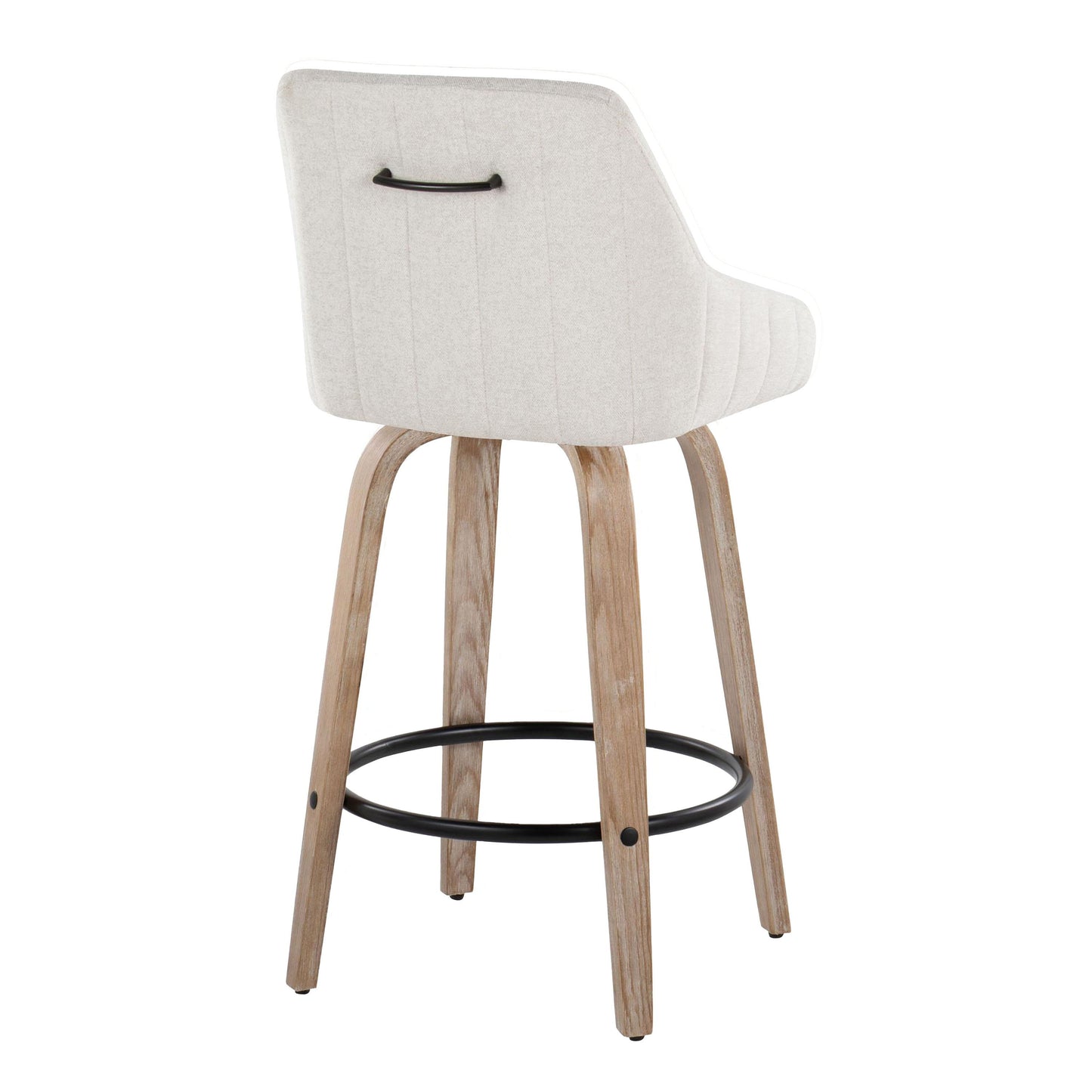 The Hannah Transitional Fixed Height Counter Stool (Set of 2) features a light beige upholstered backrest with a black handle, wooden legs, and a round black footrest, shown from the rear against a white background.