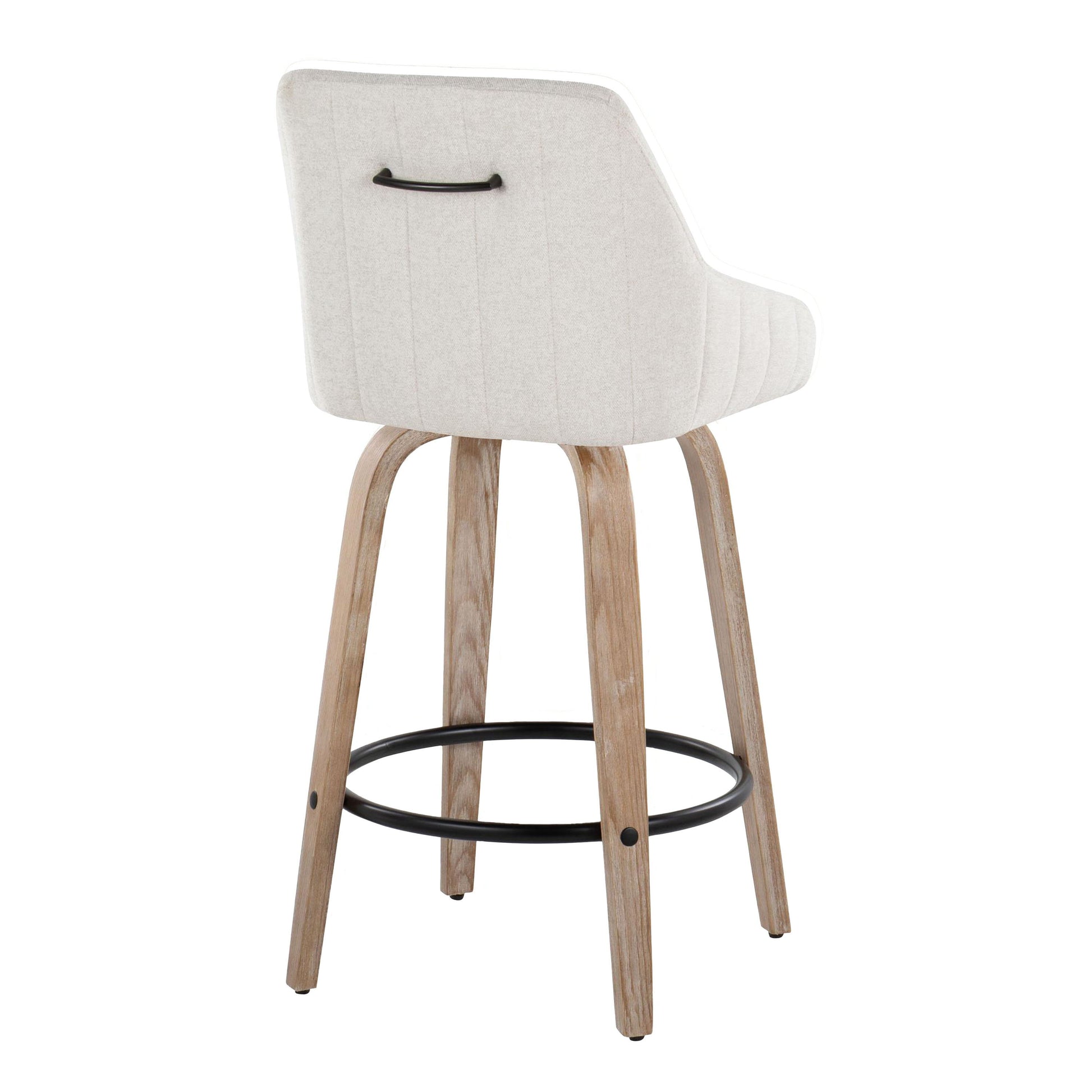 The Hannah Transitional Fixed Height Counter Stool (Set of 2) features a light beige upholstered backrest with a black handle, wooden legs, and a round black footrest, shown from the rear against a white background.