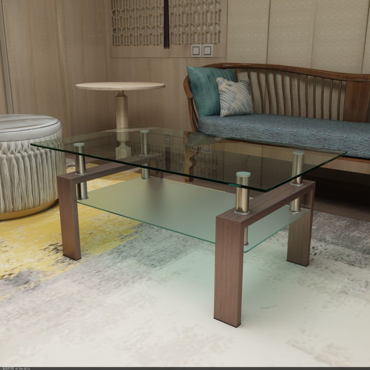 A modern living room featuring the Rectangle Coffee Table, Modern Side Center Tables for Furniture, a round side table, an upholstered stool, a wooden sofa with blue cushions, and neutral-toned walls and decor.