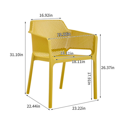 The 3 Piece Plastic Arm Chair Bistro Grs Premium Ocean Plastic shown is yellow with armrests and a perforated design. Dimensions: height 31.10", seat height 17.91", depth 22.44", width 23.22", armrest height 26.37", seat width 18.11", seat depth 16.92".