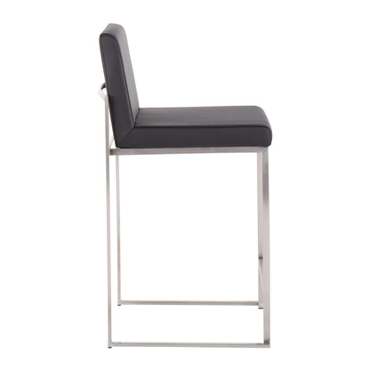 Side view of the Fuji - Contemporary High Back Counter Stool featuring a minimalist metal frame, black cushioned seat and backrest, straight lines, and a functional footrest bar for sleek, modern appeal.