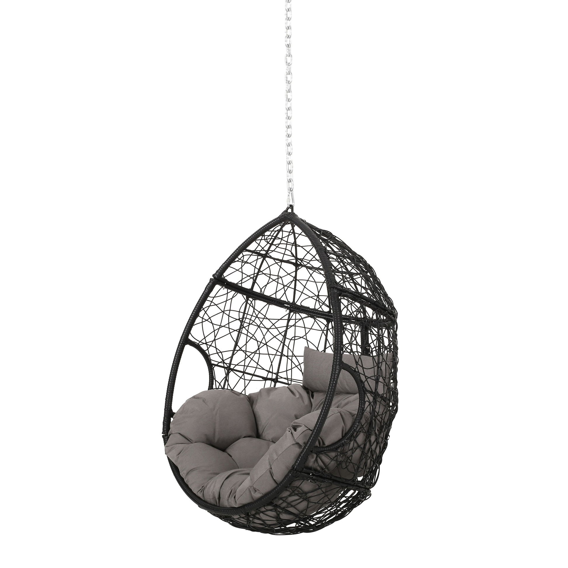 The Teardrop Hanging Chair With 8Ft Chain is a black woven egg chair with chain suspension and thick gray tufted cushions inside.