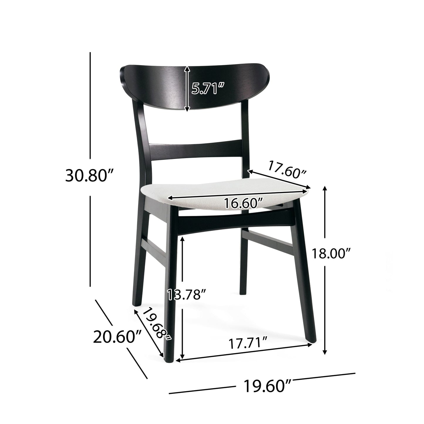 The Mid Century Dining Chairs With Cushioned Seats And Wood Frame (Set of 2) are shown in black with a light seat, featuring dimensions: height 30.80", seat height 20.60", depth 16.60", width 17.60", backrest 5.71", legs 13.78".