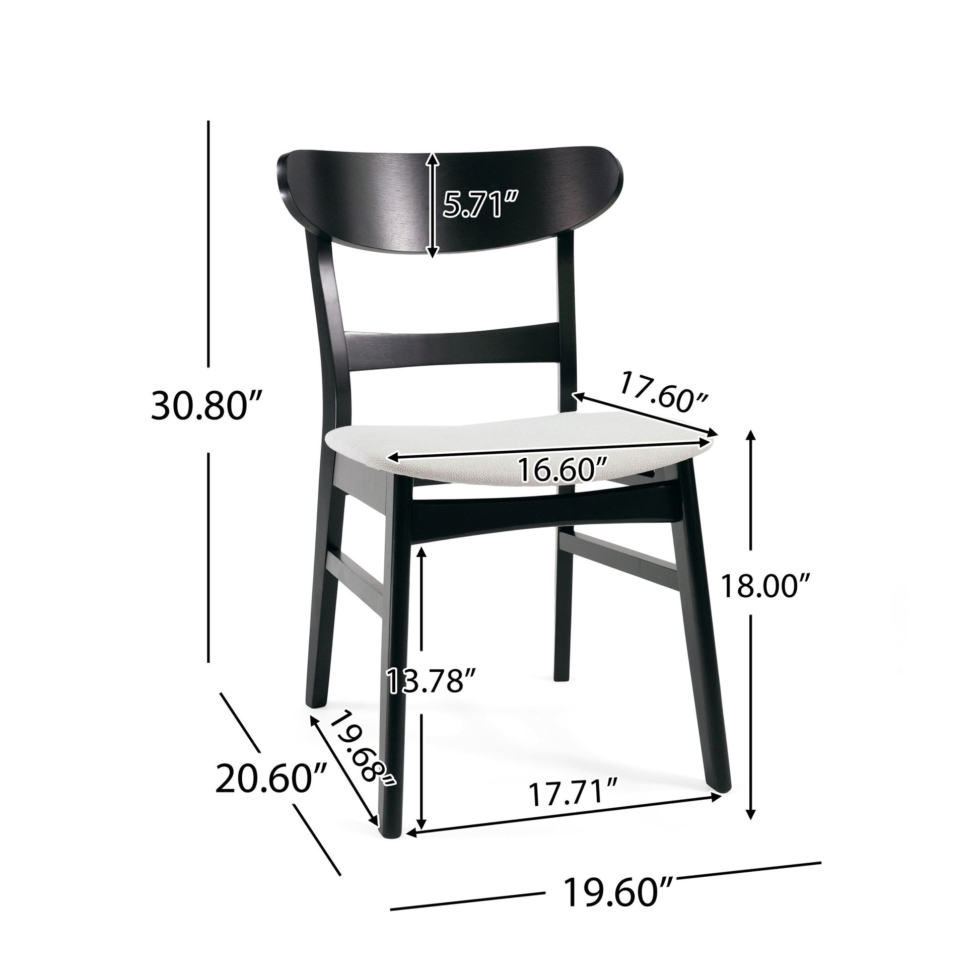 The Mid Century Dining Chairs With Cushioned Seats And Wood Frame (Set of 2) are shown in black with a light seat, featuring dimensions: height 30.80", seat height 20.60", depth 16.60", width 17.60", backrest 5.71", legs 13.78".