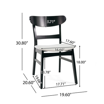 The Mid Century Dining Chairs With Cushioned Seats And Wood Frame (Set of 2) are shown in black with a light seat, featuring dimensions: height 30.80", seat height 20.60", depth 16.60", width 17.60", backrest 5.71", legs 13.78".