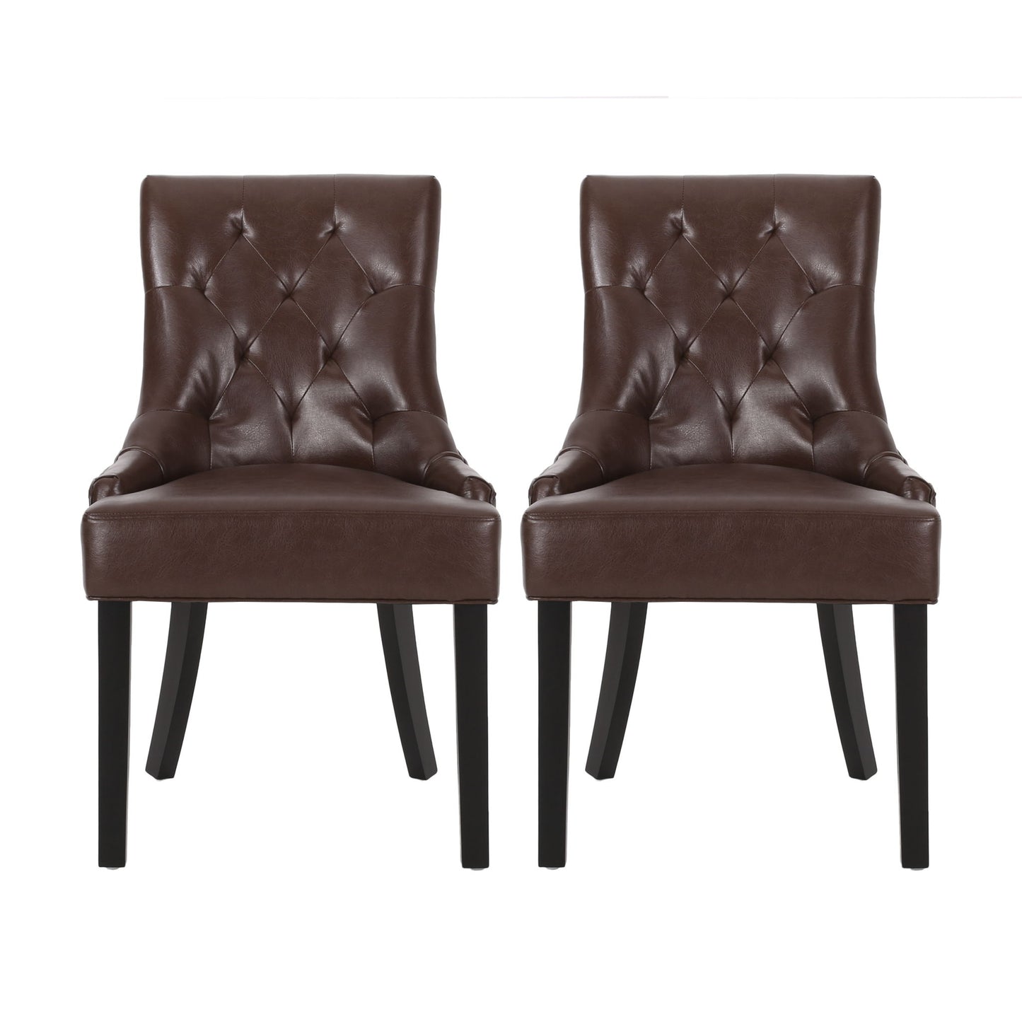 The Cheney Contemporary Dining Chair Tufted Upholstery set includes two brown leather chairs with dark wooden legs, displayed side by side against a white background.