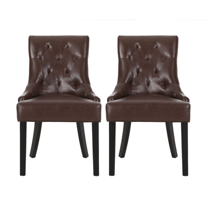 The Cheney Contemporary Dining Chair Tufted Upholstery set includes two brown leather chairs with dark wooden legs, displayed side by side against a white background.