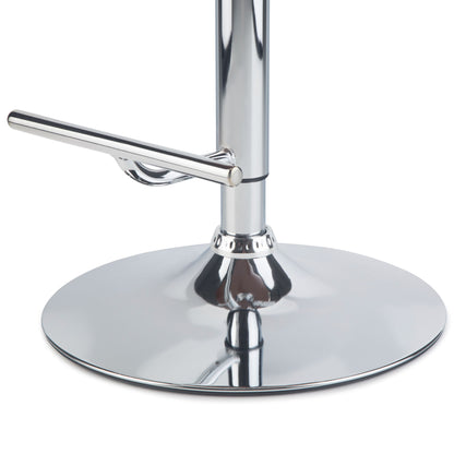 Close-up of the Marana - Multifunctional Handcrafted Bentwood Adjustable Swivel Bar Stool's shiny chrome base, featuring a round footrest and smooth, circular pedestal with reflective metal surfaces.