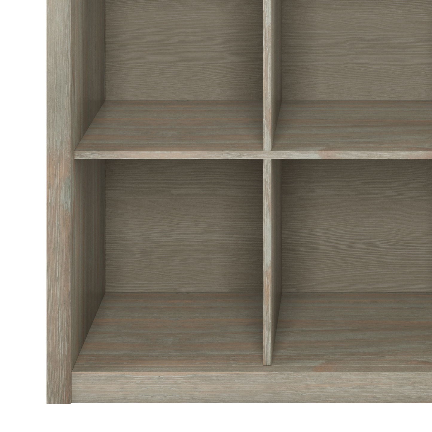 Close-up view of the Artisan - Cube Storage, a wooden unit with four empty square compartments in a light grayish-brown finish and visible wood grain.