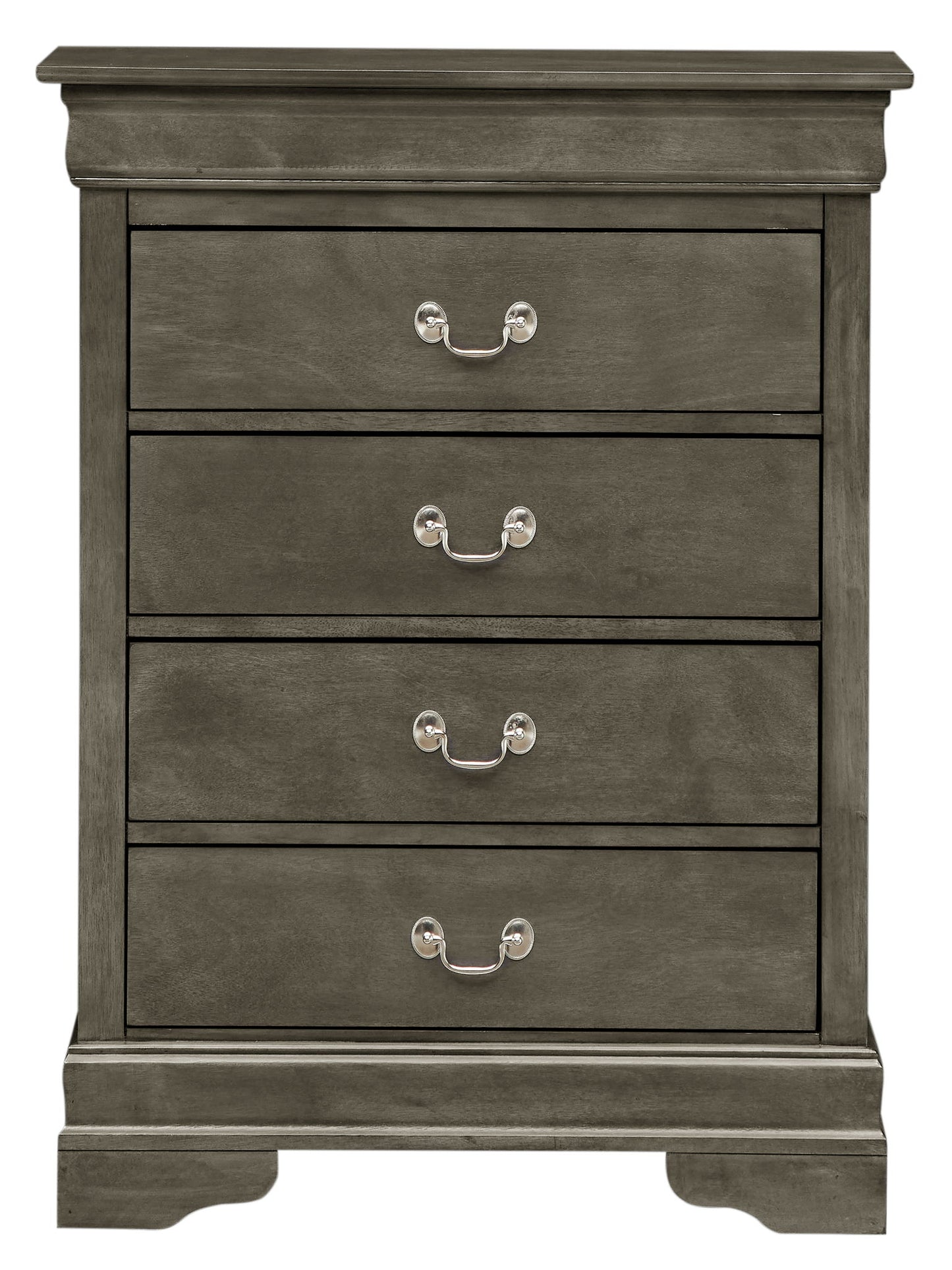 The Traditional Style Storage Chest Elegant is a four-drawer wooden dresser with a dark gray finish, decorative metal handles, a classic sturdy design, slightly raised top, and curved feet.