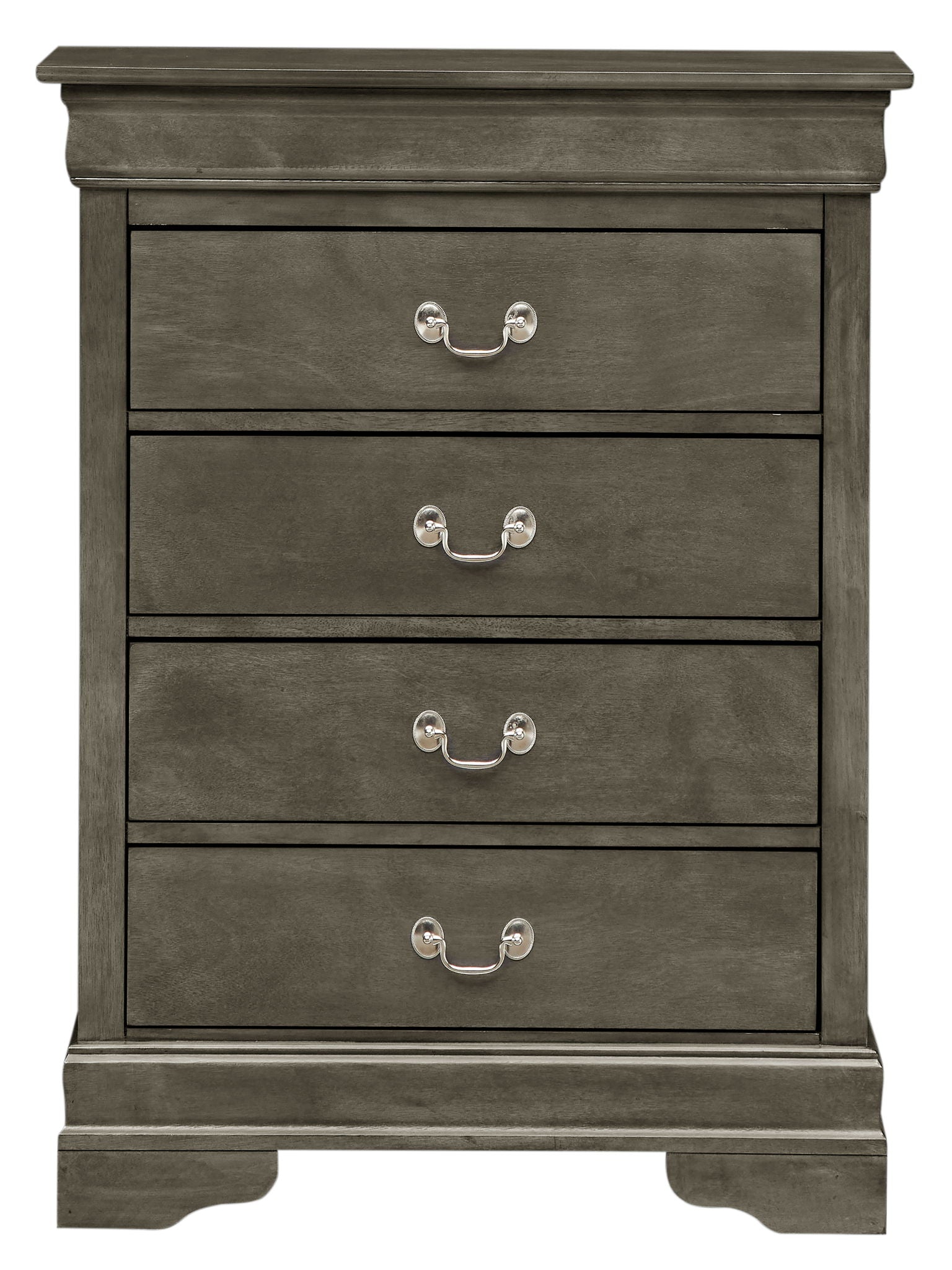 The Traditional Style Storage Chest Elegant is a four-drawer wooden dresser with a dark gray finish, decorative metal handles, a classic sturdy design, slightly raised top, and curved feet.
