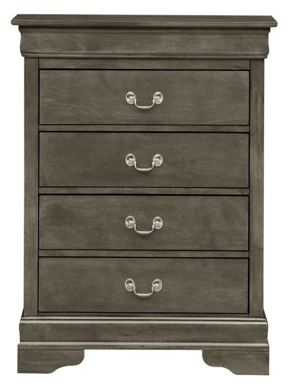 The Traditional Style Storage Chest Elegant is a four-drawer wooden dresser with a dark gray finish, decorative metal handles, a classic sturdy design, slightly raised top, and curved feet.