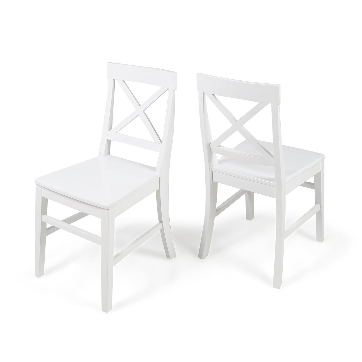 The Plethora Dining Chair With X Shaped Back (Set of 2) features two white wooden chairs, one facing forward and one backward, both showcasing X-shaped backrests against a plain white background.