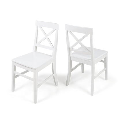 The Plethora Dining Chair With X Shaped Back (Set of 2) features two white wooden chairs, one facing forward and one backward, both showcasing X-shaped backrests against a plain white background.