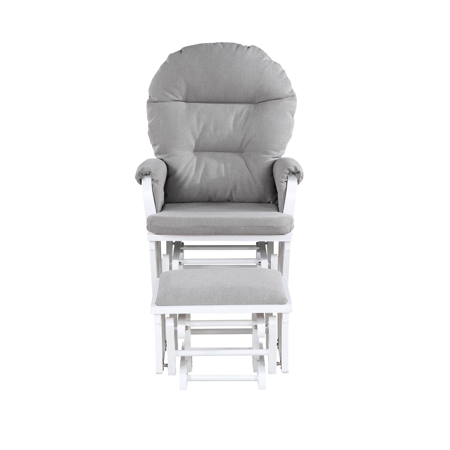 The Madison - Glider & Ottoman - White Base features a cushioned gray glider chair and matching ottoman with white wooden frames, displayed front-facing against a white background.