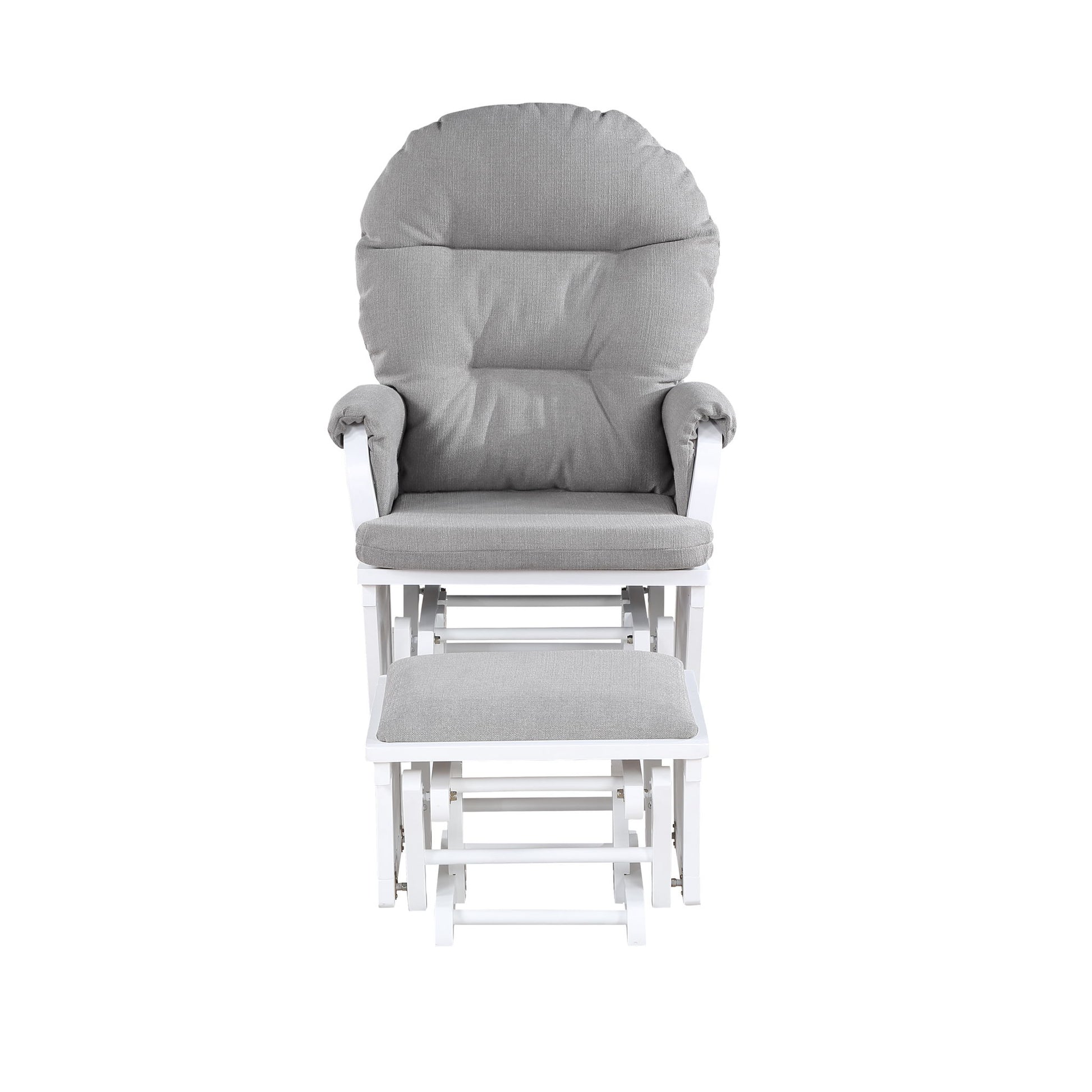 The Madison - Glider & Ottoman - White Base features a cushioned gray glider chair and matching ottoman with white wooden frames, displayed front-facing against a white background.