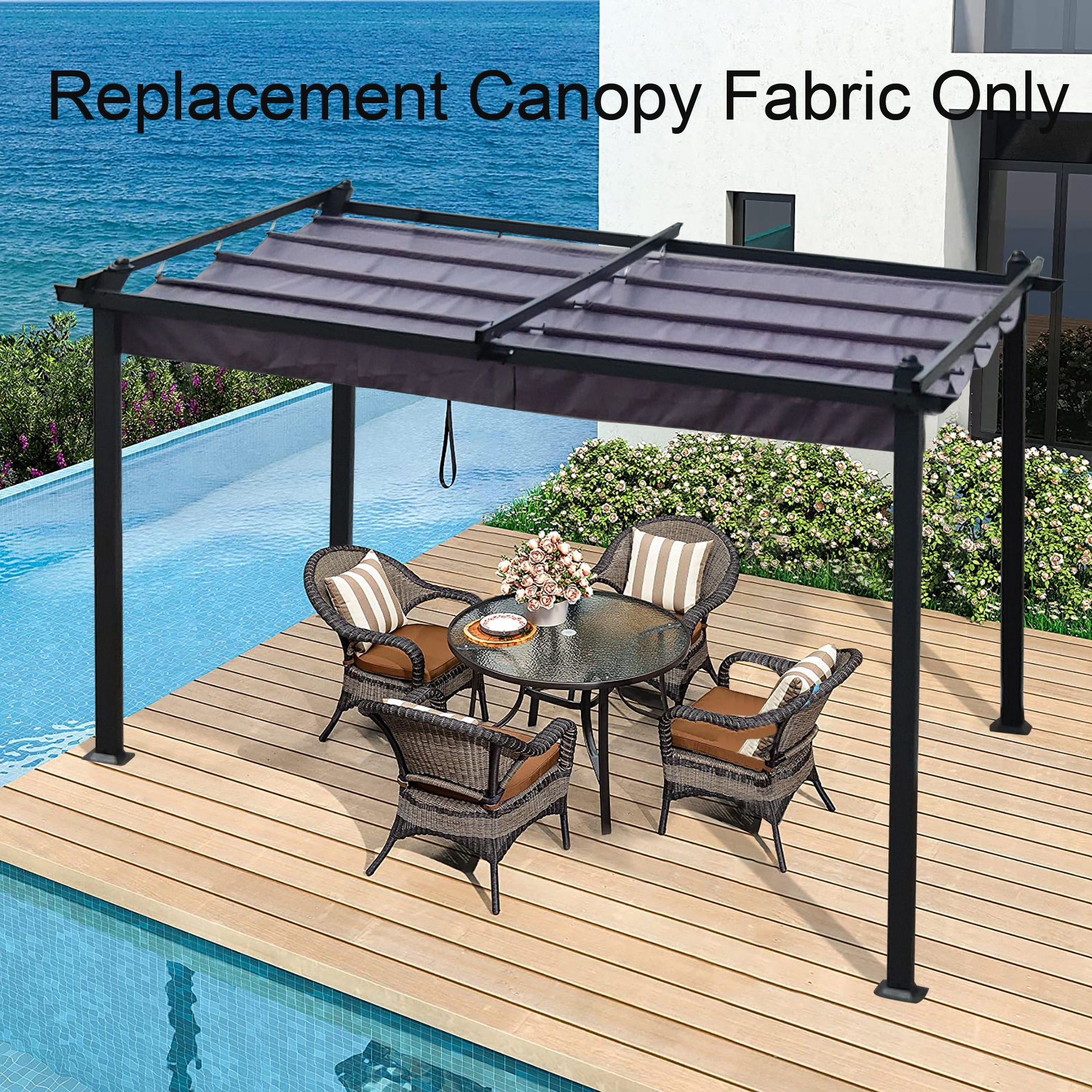 A Replacement Canopy Top Cover Fabric For Outdoor Patio Retractable Pergola Sun-Shelter Canopy is shown over a dining set by the pool on a wooden deck. Text reads: "Replacement Canopy Fabric Only.
