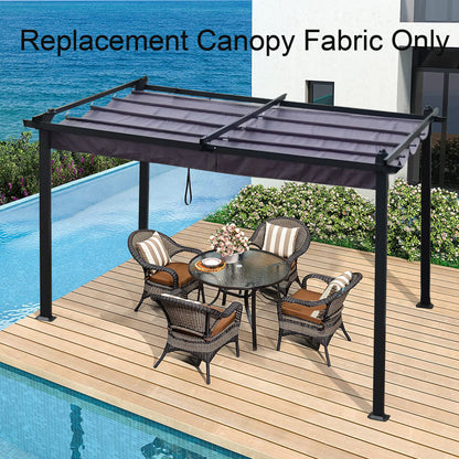 A Replacement Canopy Top Cover Fabric For Outdoor Patio Retractable Pergola Sun-Shelter Canopy is shown over a dining set by the pool on a wooden deck. Text reads: "Replacement Canopy Fabric Only.