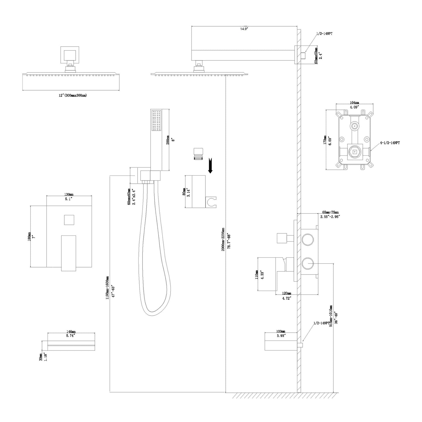 Wall Mounted Square Shower System With Waterfall Tub Spout And Rough In Valve - Matte Black
