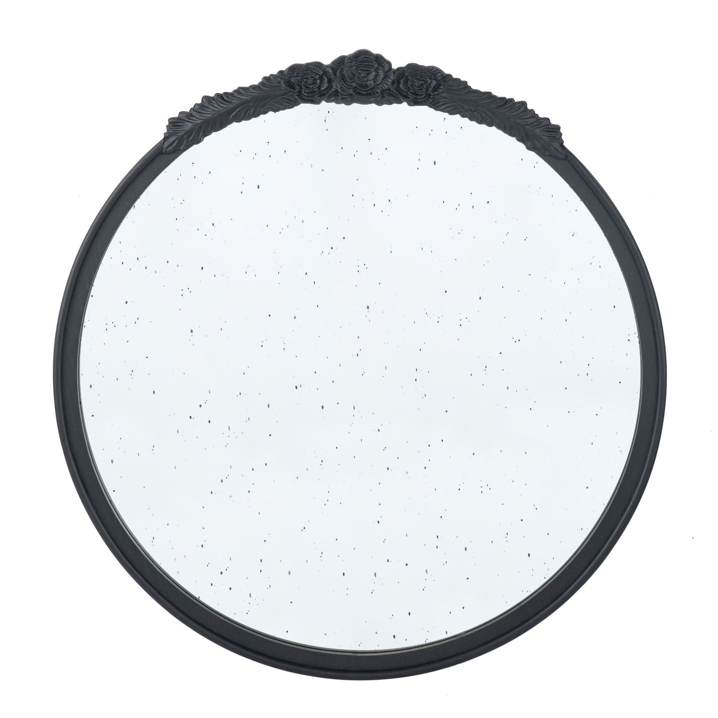 The Round Hand Carved Rose Antique Mirror Frame is a vintage-style wall mirror with a black ornate floral top and speckled antique glass, shown on a plain white background.