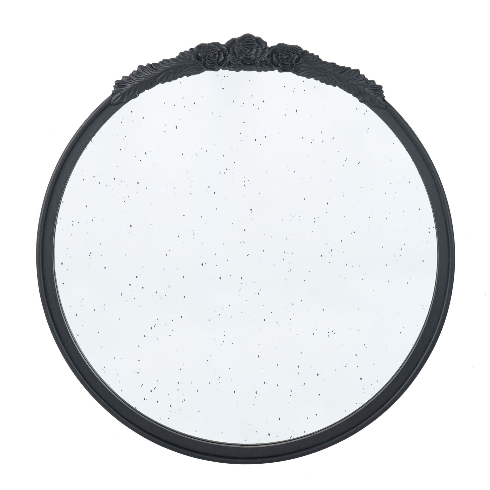 The Round Hand Carved Rose Antique Mirror Frame is a vintage-style wall mirror with a black ornate floral top and speckled antique glass, shown on a plain white background.